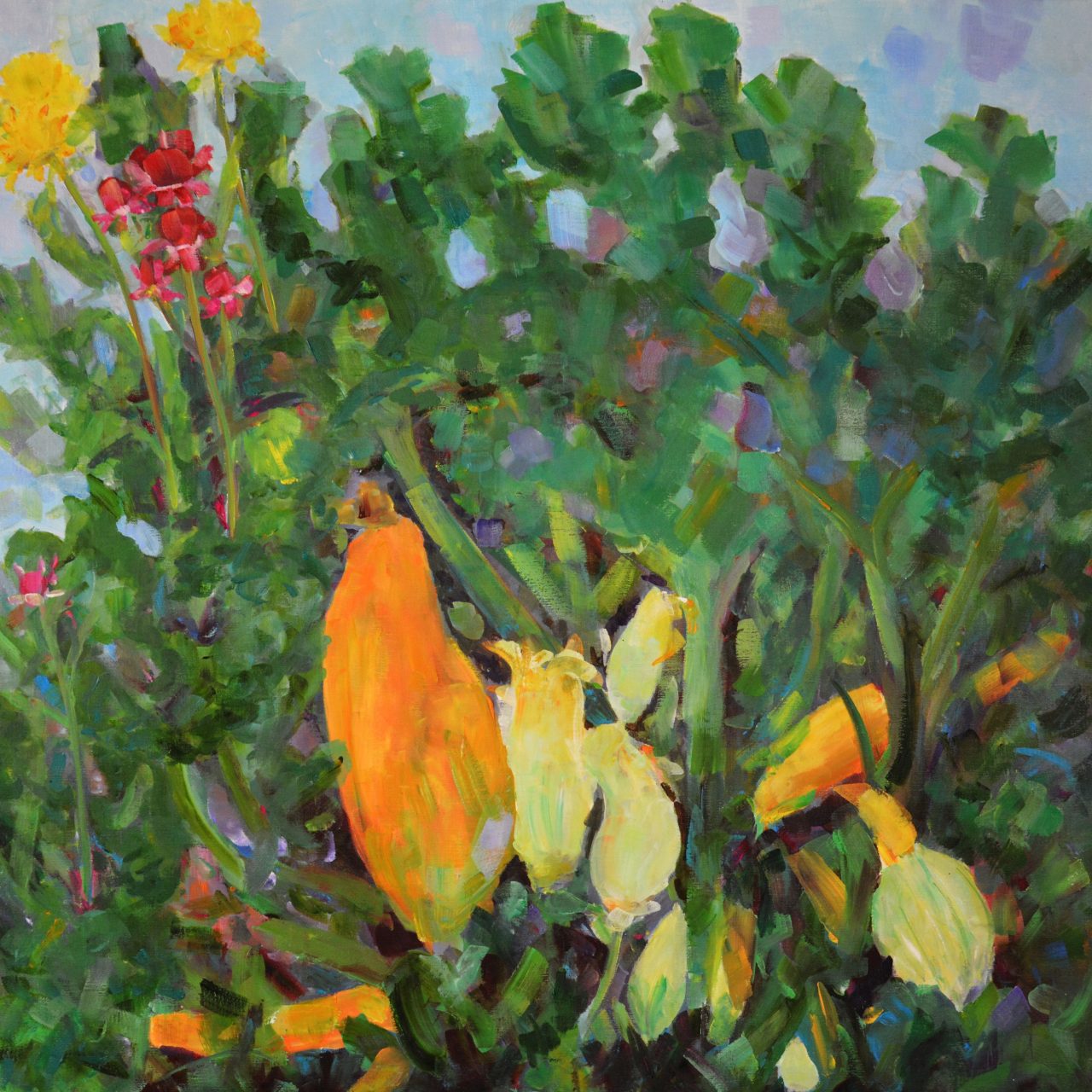 Strohblumen und Zucchiniblüten Ölgemälde