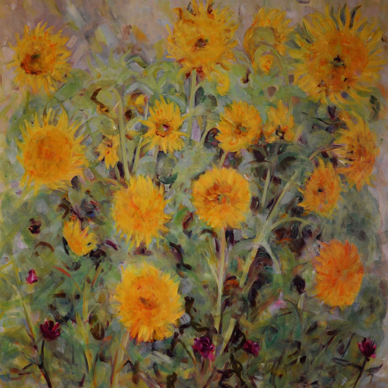 Sonnenblumen mit Zinnien (in Helmas Garten II) Ölgemälde