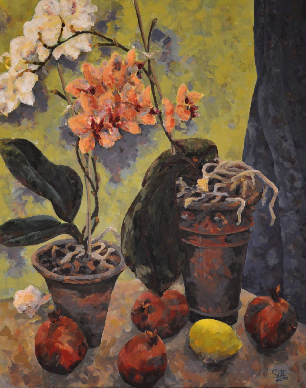 Orchideen mit Granatäpfeln Ölgemälde