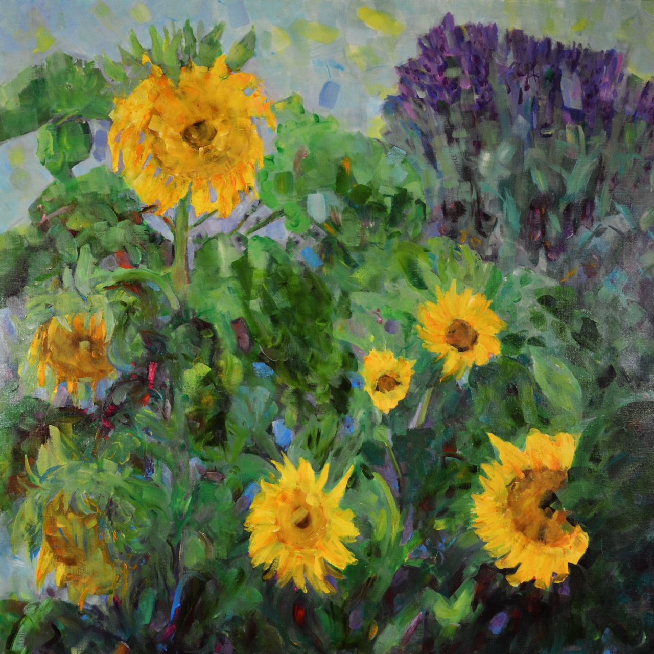 Sonnenblumen mit Lavendel Ölgemälde