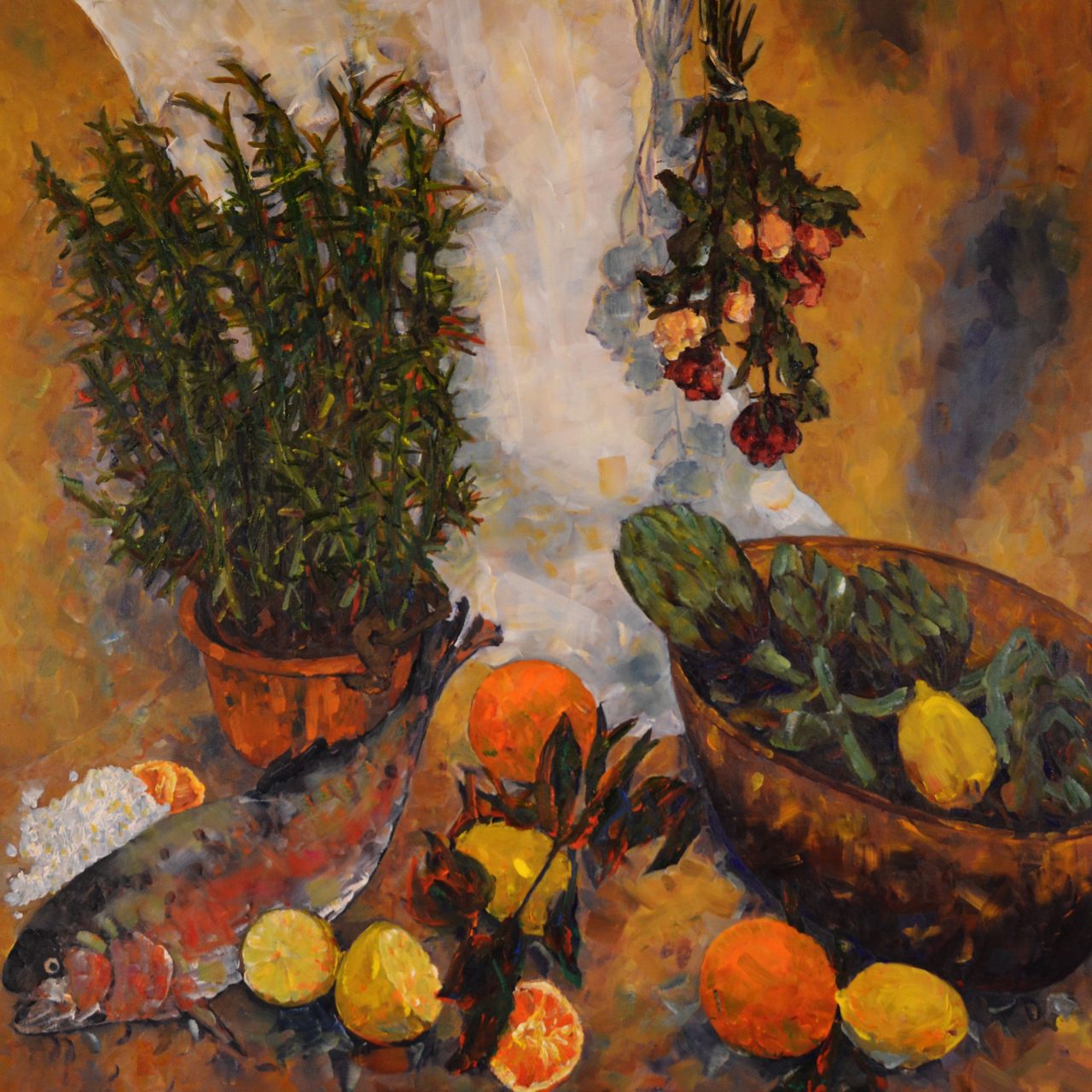 Stillleben Fisch und Rosmarin Ölgemälde